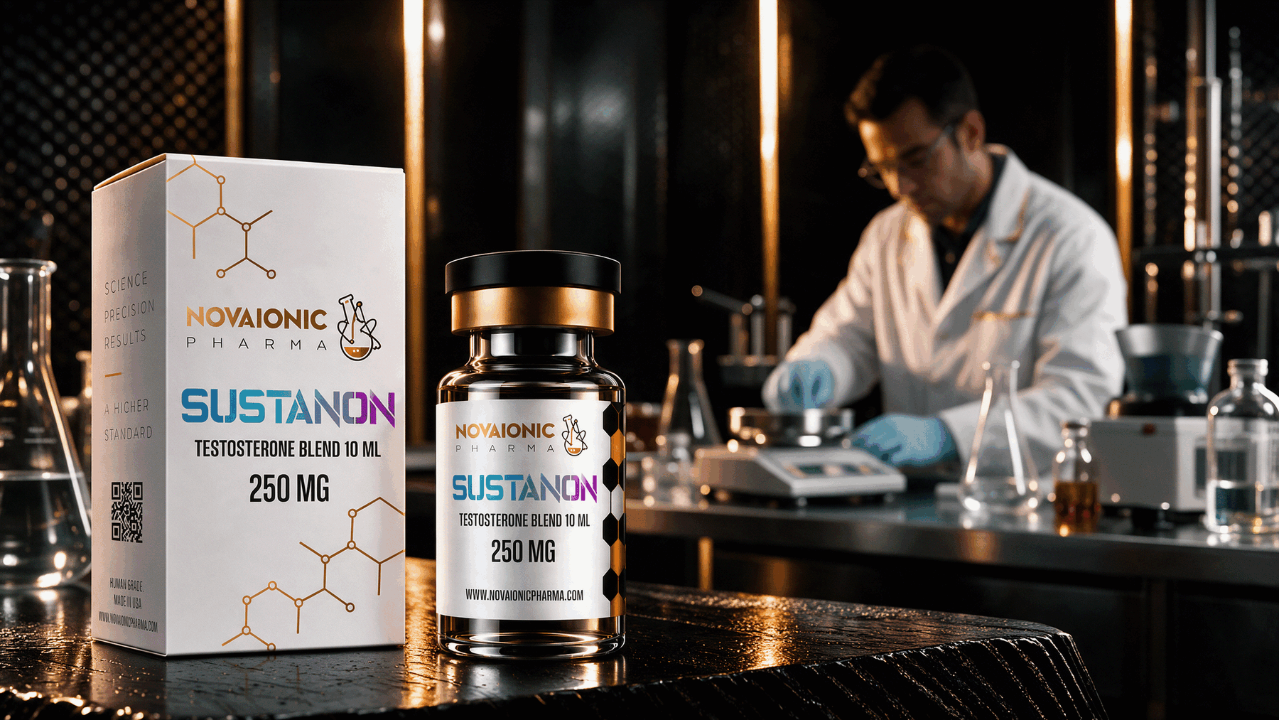 Especialista trabajando en el laboratorio de Novaionic Pharma, viales de producto en primer plano