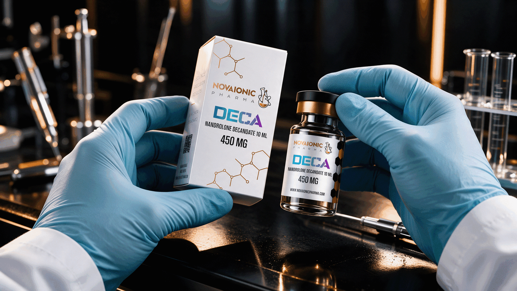 Manos de un especialista de laboratorio verificando un vial de producto